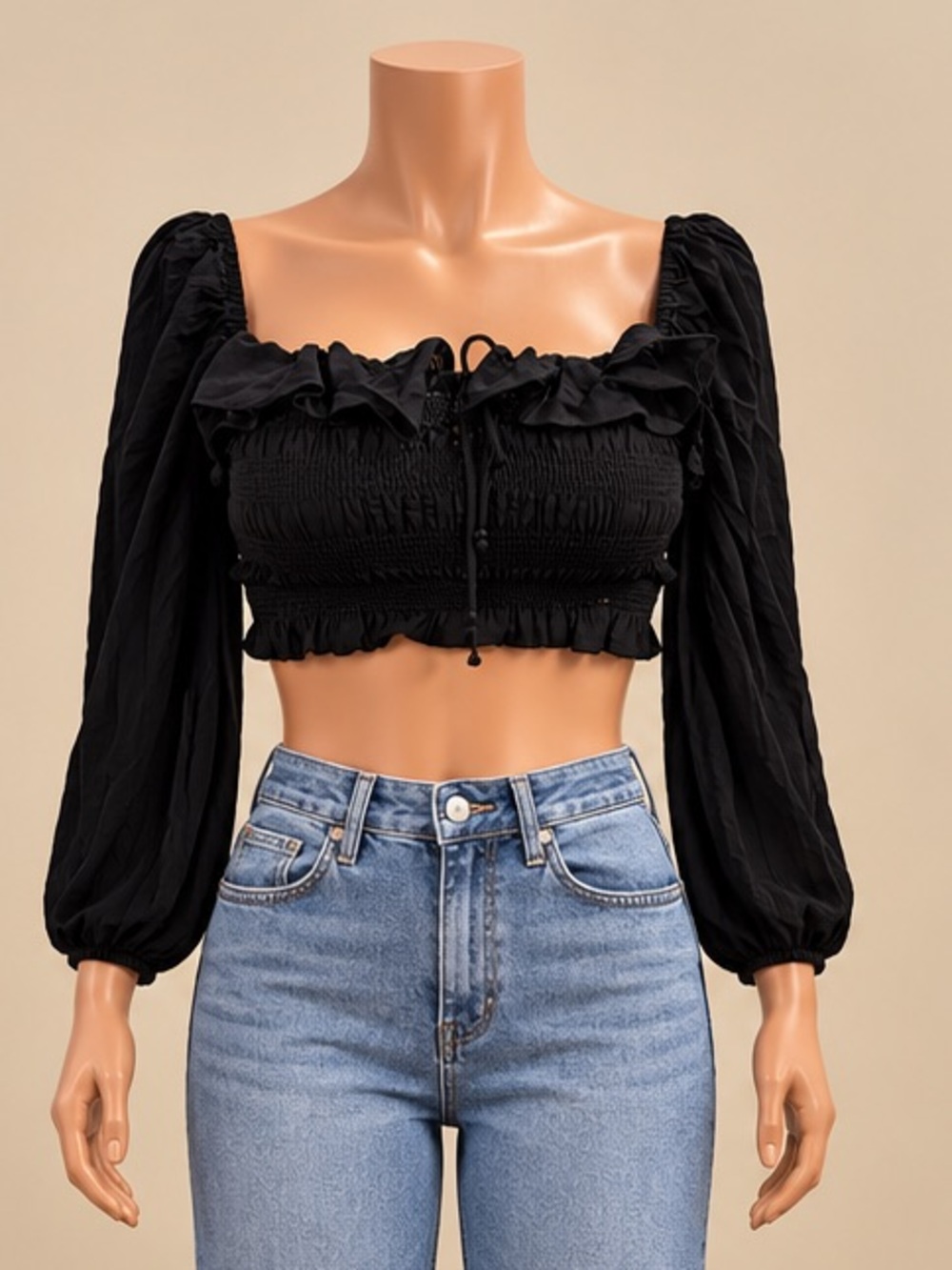 OOTDFash Black Smocked Ruffle Square Neck Puff Sleeve Crop Top S